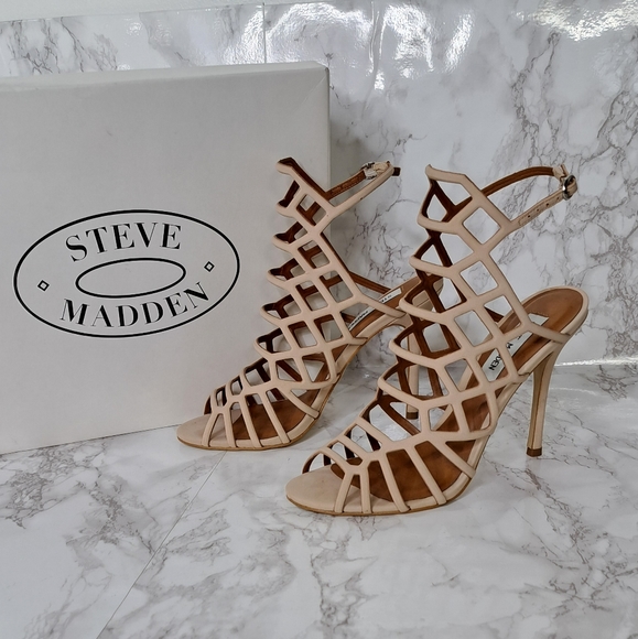 Steve Madden Slithur Blush Caged Sandal Nubuck Heels Size 8 - Picture 2 of 16
